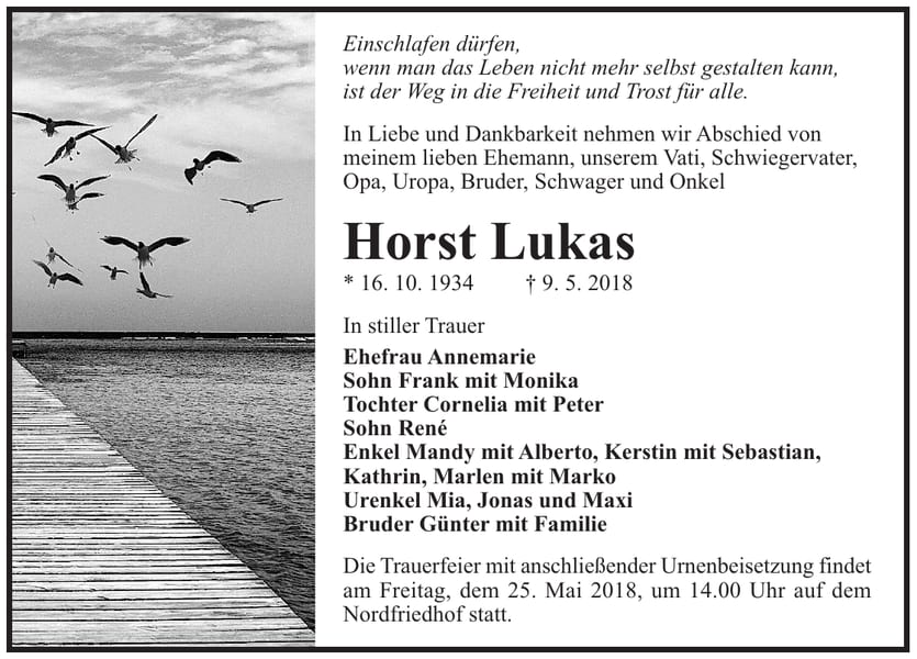 Traueranzeige Horst Lukas