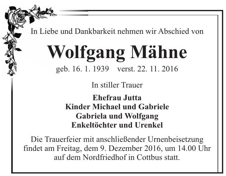 Traueranzeige Wolfgang Mähne