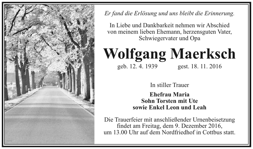 Traueranzeige Wolfgang Maerksch