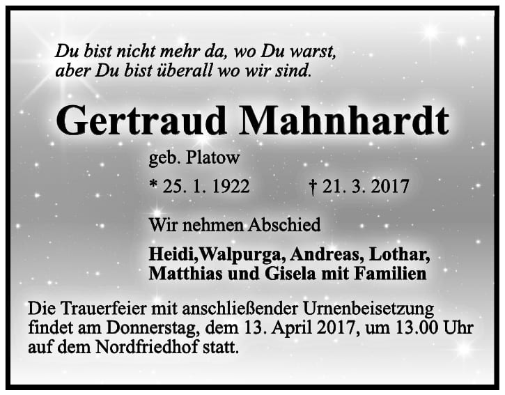 Traueranzeige Gertraud Mahnhardt, geb. Platow