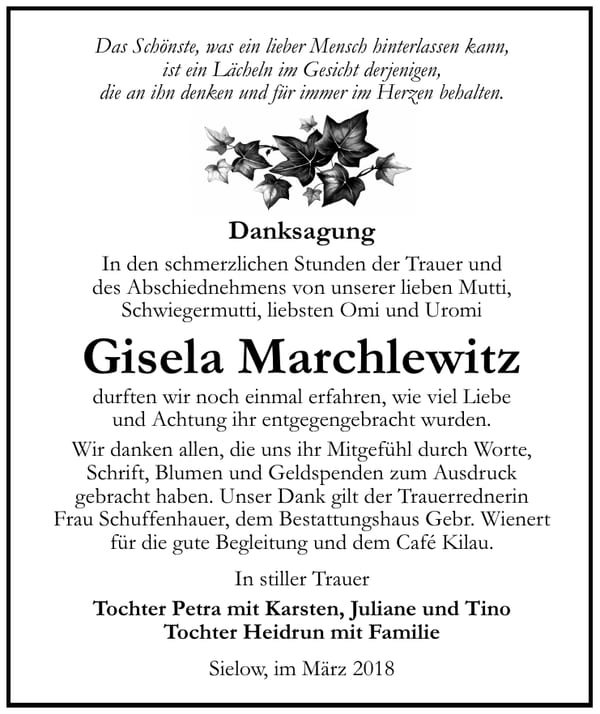 Danksagung Gisela Marchlewitz
