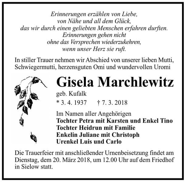 Traueranzeige Gisela Marchlewitz, geb. Kufalk