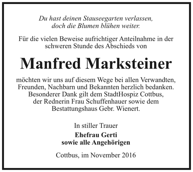 Danksagung Manfred Marksteiner