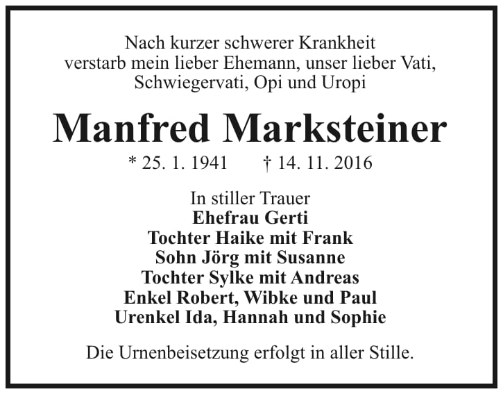 Traueranzeige Manfred Marksteiner