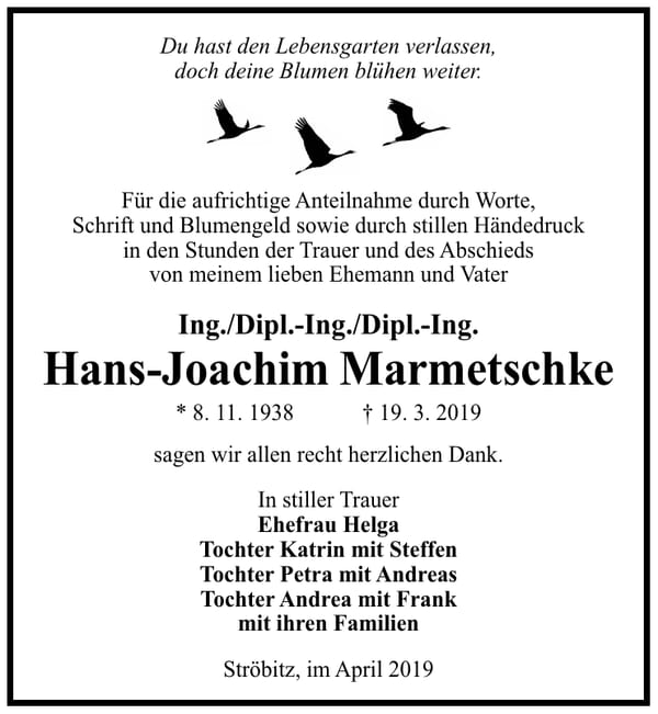 Traueranzeige Hans-Joachim Marmetschke