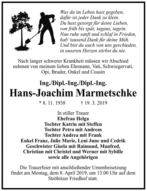 Traueranzeige Hans-Joachim Marmetschke