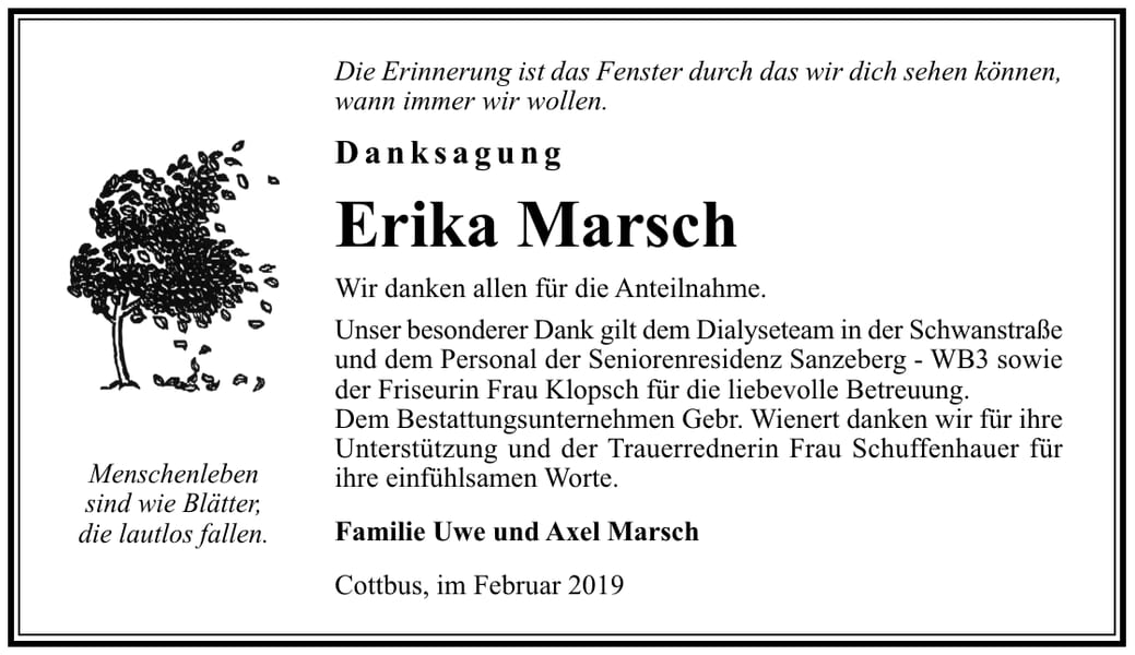 Traueranzeige Erika Marsch