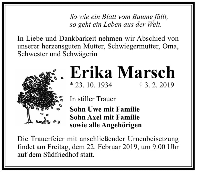 Traueranzeige Erika Marsch