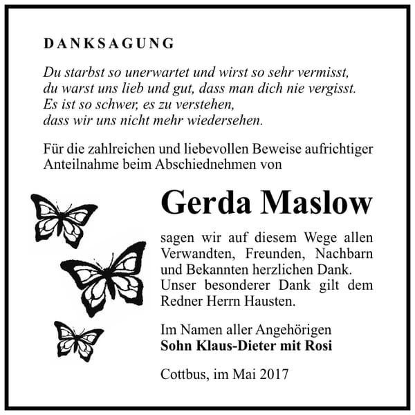 Danksagung Gerda Maslow