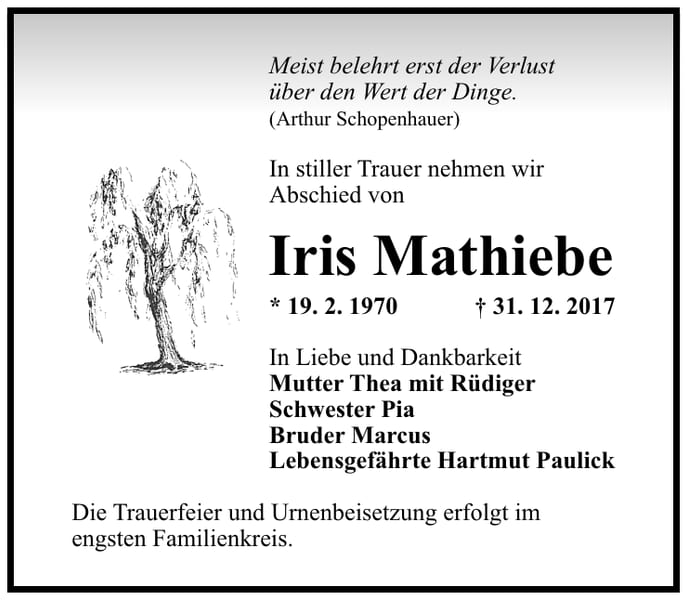 Traueranzeige Iris Mathiebe