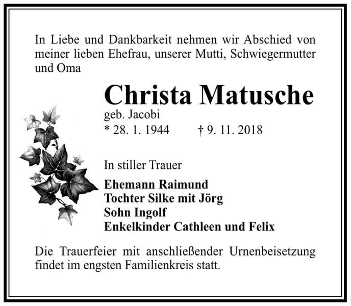 Traueranzeige Christa Matusche, geb. Jacobi