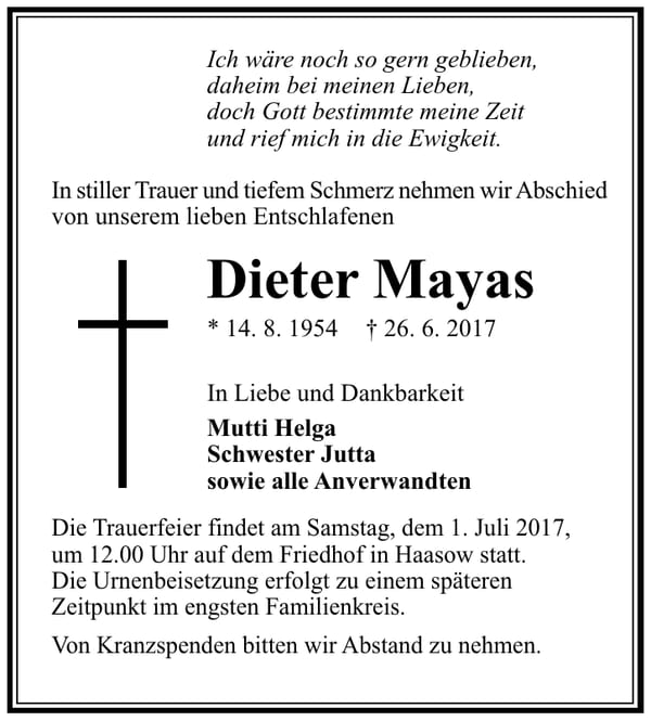 Traueranzeige Dieter Mayas