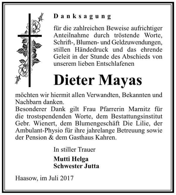 Danksagung Dieter Mayas