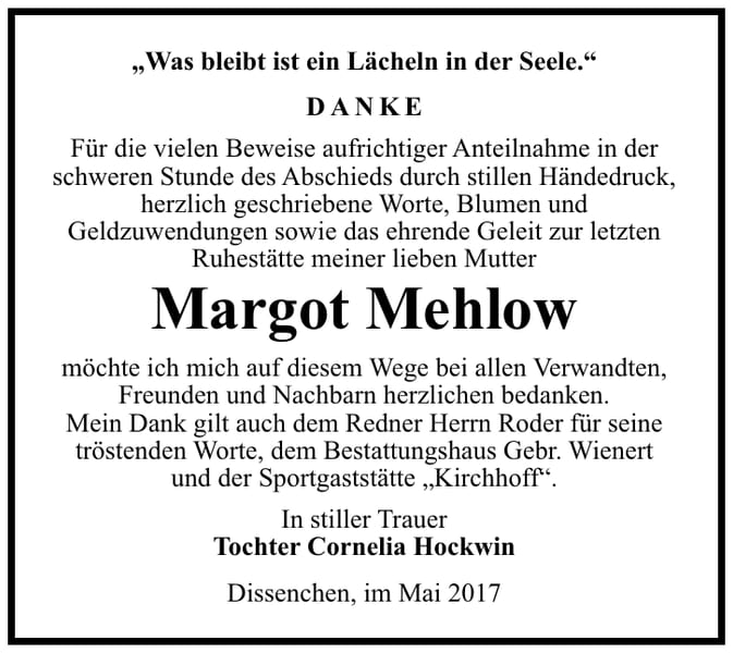 Danksagung Margot Mehlow