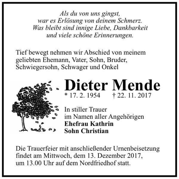 Traueranzeige Dieter Mende