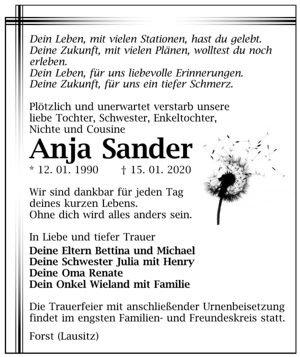 Traueranzeige Anja Sander