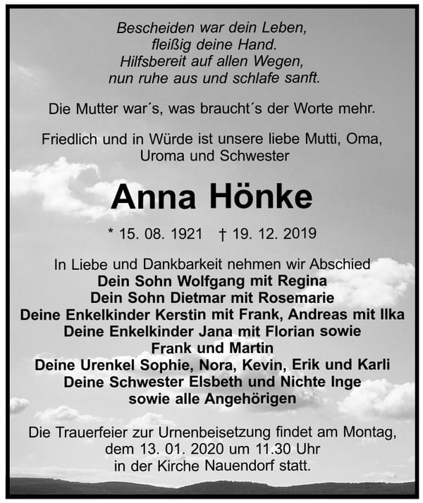 Traueranzeige Anna Hönke