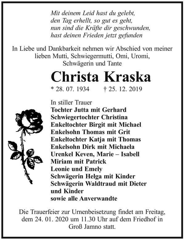 Traueranzeige Christa Kraska