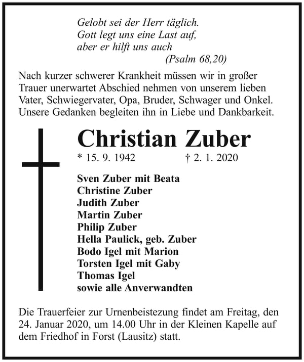 Traueranzeige Christian Zuber