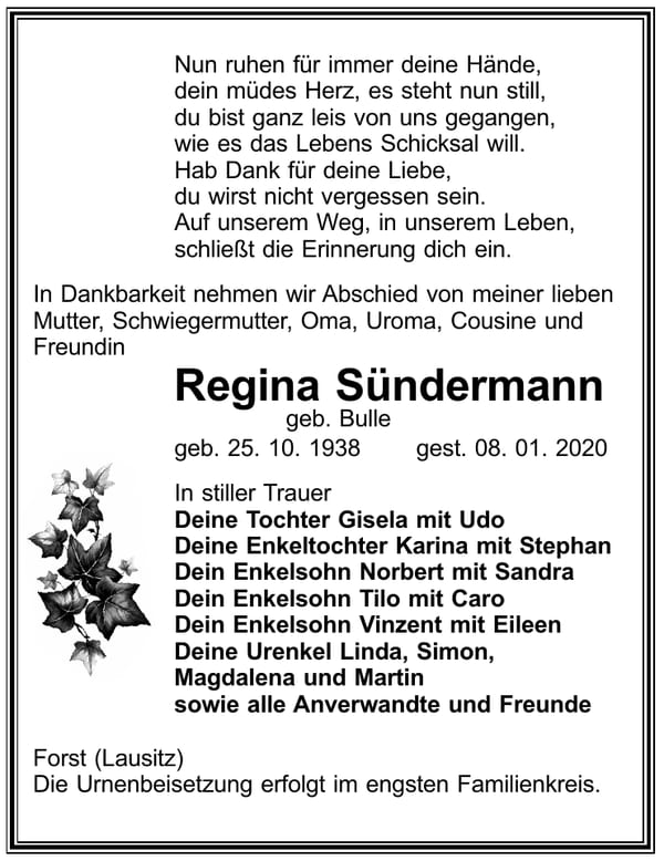 Traueranzeige Regina Sündermann, geb. Bulle