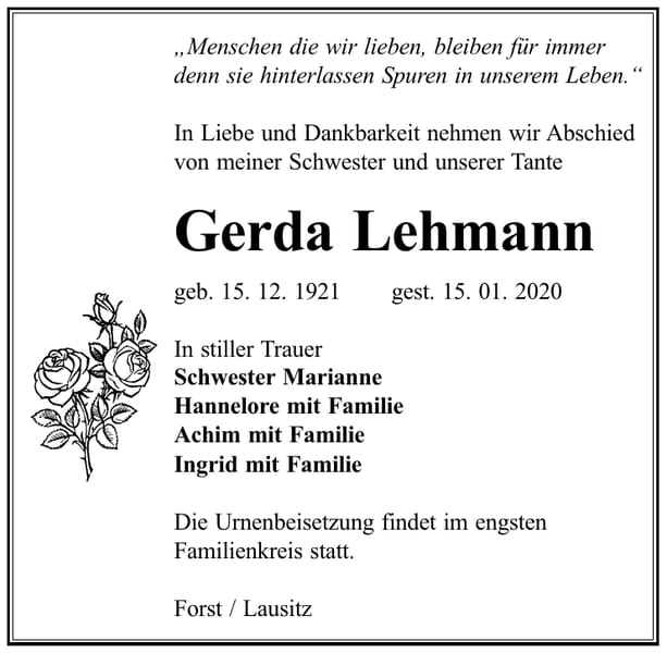 Traueranzeige Gerda Lehmann