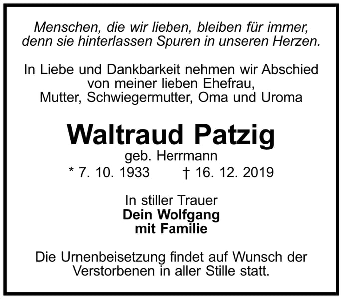 Traueranzeige Waltraud Patzig, geb. Herrmann