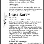 Danksagung Gisela Karow, geb. Lepczyk
