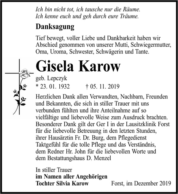 Danksagung Gisela Karow, geb. Lepczyk