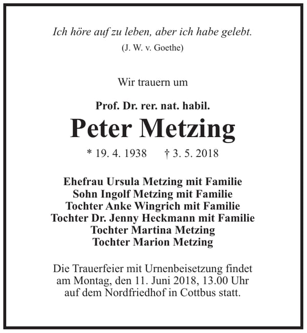 Traueranzeige Peter Metzing