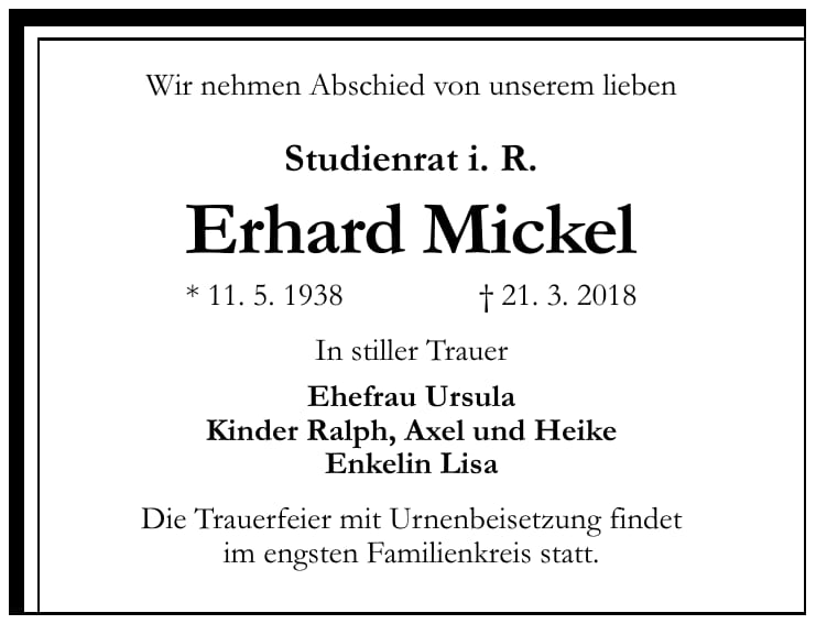 Traueranzeige Erhard Mickel