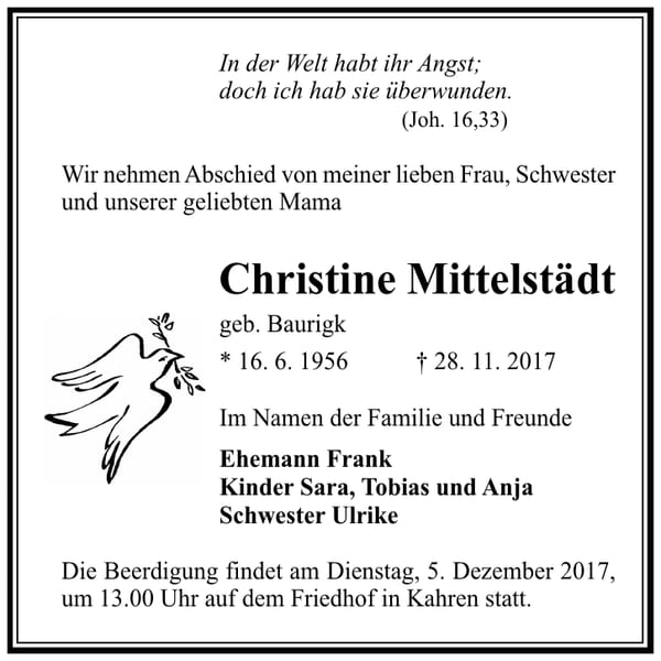 Traueranzeige Christine Mittelstädt, geb. Baurigk