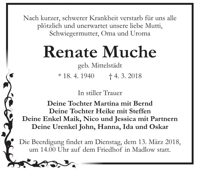 Traueranzeige Renate Muche, geb. Mittelstädt