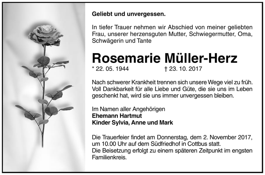Traueranzeige Rosemarie Müller-Herz