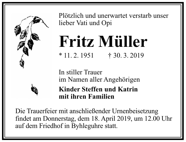 Traueranzeige Fritz Müller