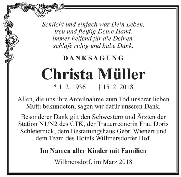 Danksagung Christa Müller