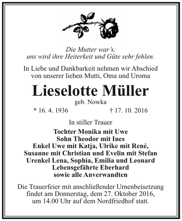 Traueranzeige Lieselotte Müller, geb. Nowka