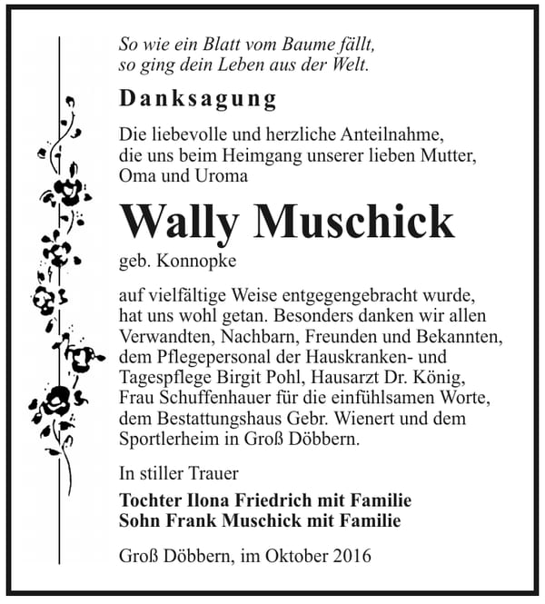 Danksagung Wally Muschick, geb. Konnopke