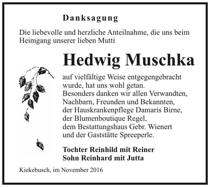 Danksagung Hedwig Muschka