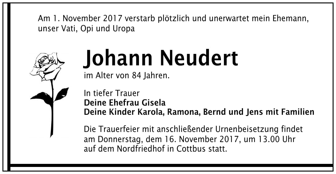 Traueranzeige Johann Neudert