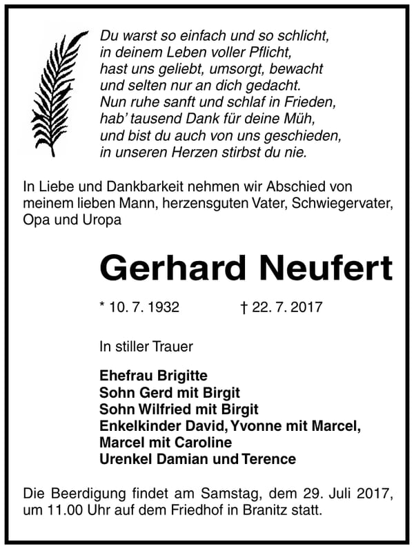 Traueranzeige Gerhard Neufert