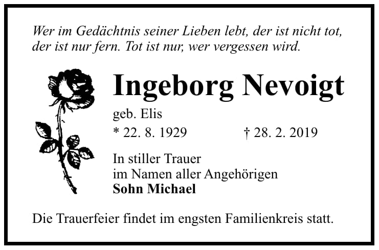 Traueranzeige Ingeborg Nevoigt, geb. Elis