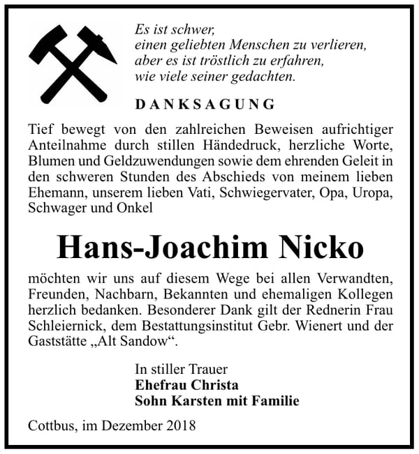 Danksagung Hans-Joachim Nicko
