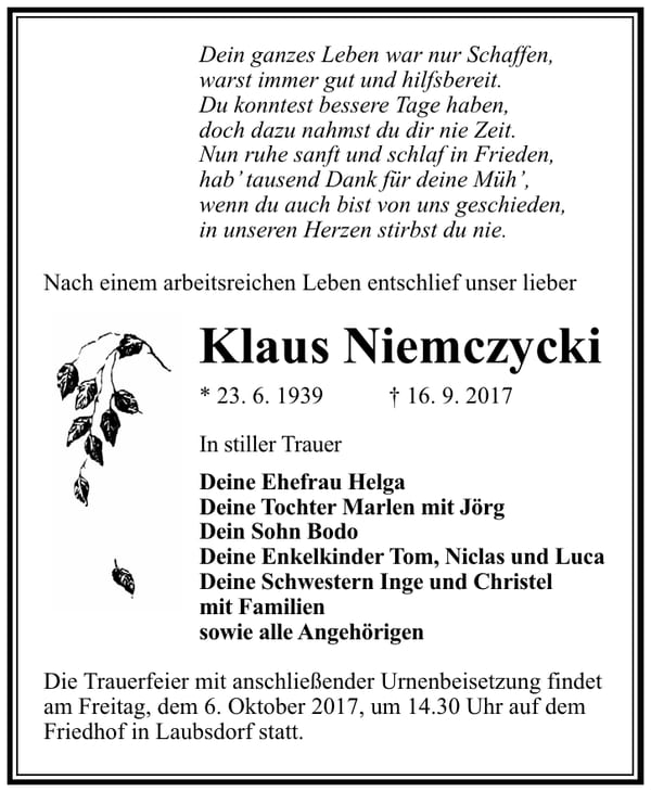 Traueranzeige Klaus Niemczycki