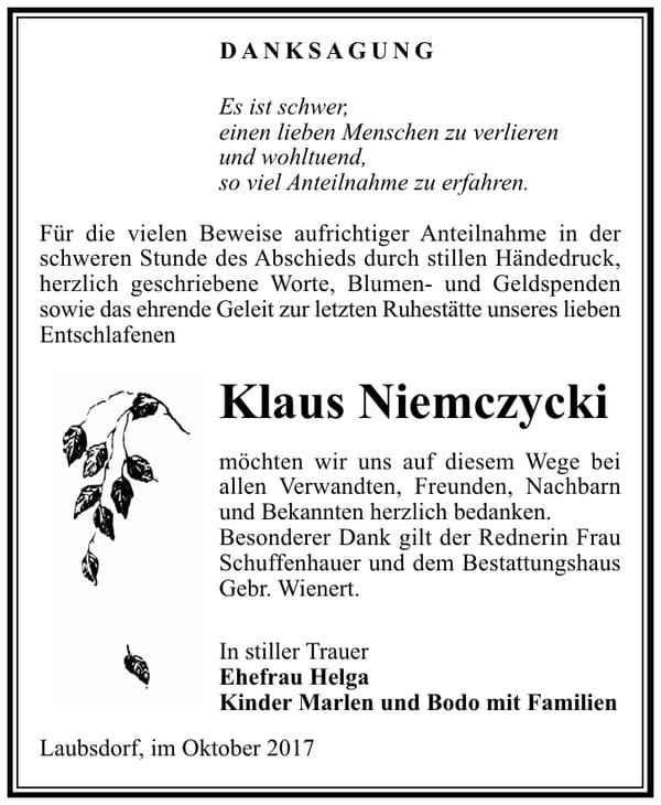 Danksagung Klaus Niemczycki