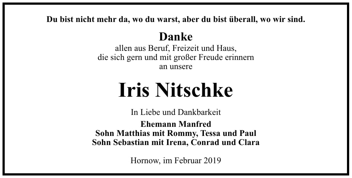Traueranzeige Iris Nitschke