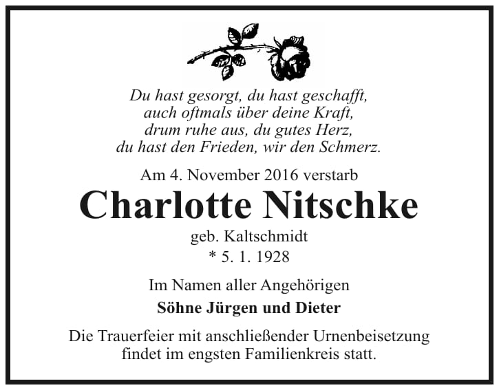 Traueranzeige Charlotte Nitschke, geb. Kaltschmidt