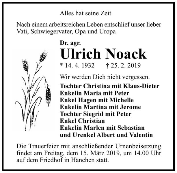 Traueranzeige Ulrich Noack