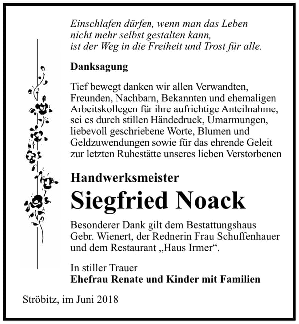 Danksagung Siegfried Noack