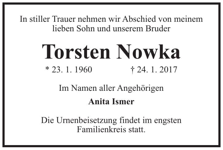 Traueranzeige Torsten Nowka