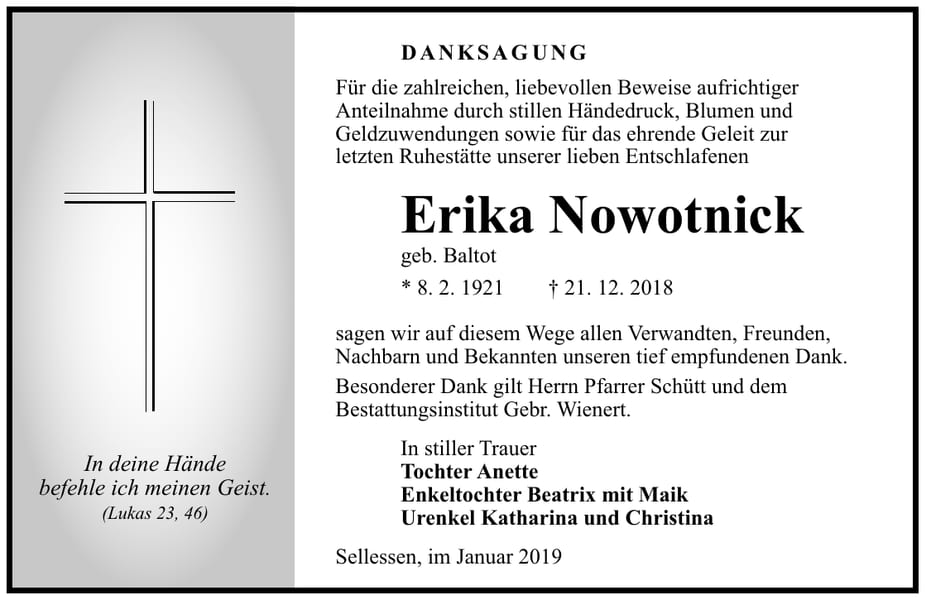 Traueranzeige Erika Nowotnick, geb. Baltot